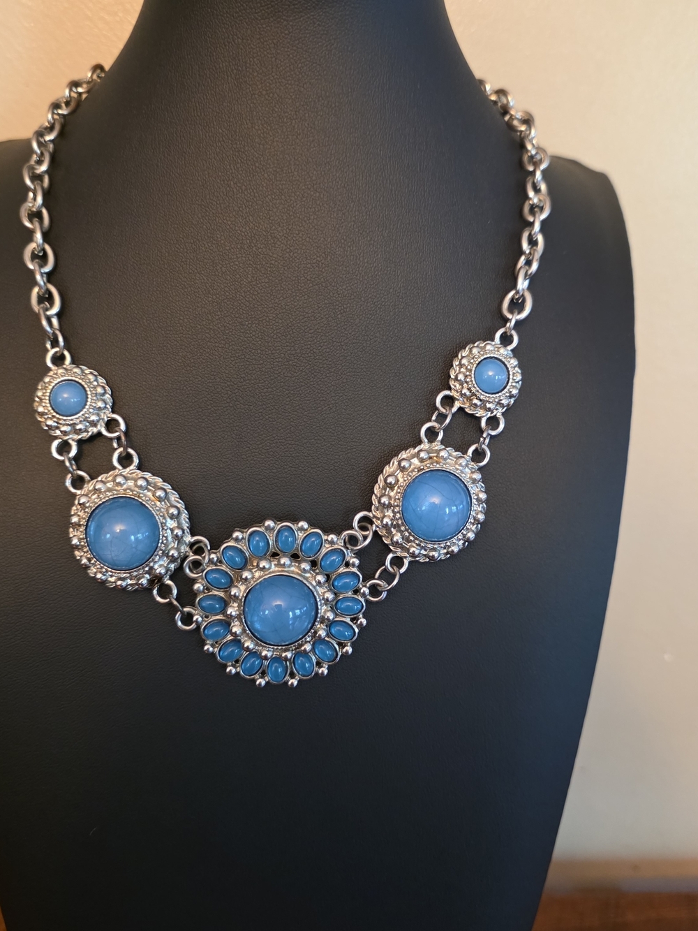 Blue Floral Statement Necklace - Silver Tone. Boho. Country.